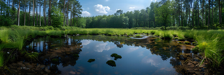 Fototapeta premium A panoramic view of a nature peatland, the calm water and lush surroundings creating a serene atmosphere