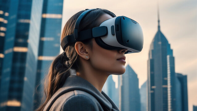 Close-up of a businesswoman wearing virtual reality goggles. She is seen immersed in a digital experience