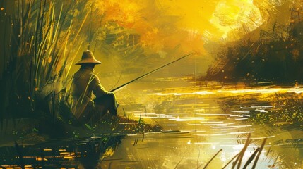 Illustration of man fishing at autumn.