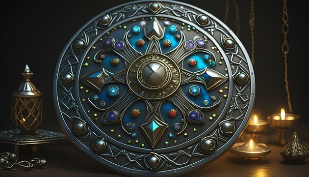 medieval titanium shield, with small precious stones, and biblical seal designs