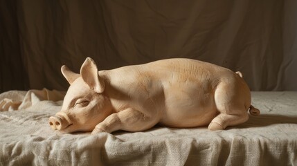 Clay pig resting on a beige tablecloth