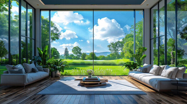Natural blue shade living room of a house resort by golf grassland