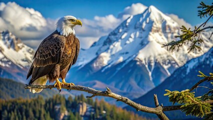 Bald eagle perched on a tree branch with a mountain backdrop - Powered by Adobe