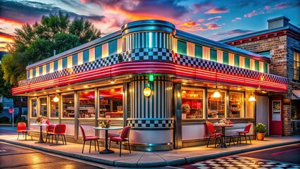 1950s soda shop with neon signs and classic diner decor on a small town street