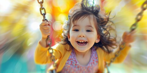 A close-up of a child swinging on a swing set, with motion blur capturing the joyful motion