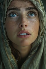 Portrait of a woman looking up.