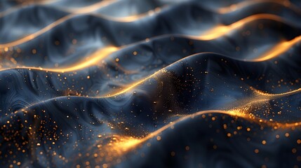 Luxurious golden waves background with shiny fabric folds. 3D modern business wallpaper with a gold background and black wavy lines.