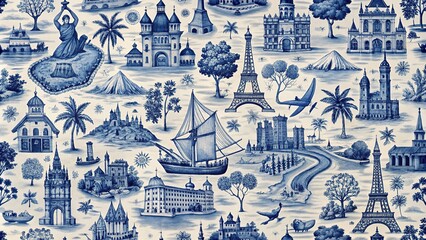 Blue and white toile de jouy voyage seamless pattern featuring various travel-themed elements such as landmarks, map, and transportation