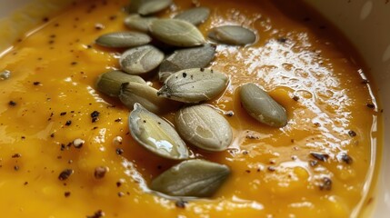 Creamy pumpkin soup topped with pumpkin seeds