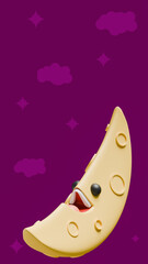 Purple night with stars and clouds near yellow moon with smile and craters, childhood and joy theme