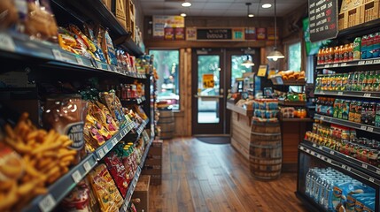 A bustling convenience store interior featuring various snack aisles, beverages, and essential groceries in a well-organized and inviting layout