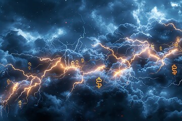 A digital storm with lightning bolts shaped like currency symbols - Powered by Adobe