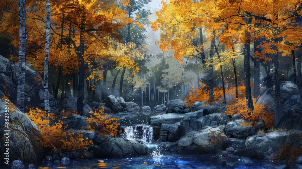 Sticker illustration of an autumn forest with yellow trees, rocks and stream.