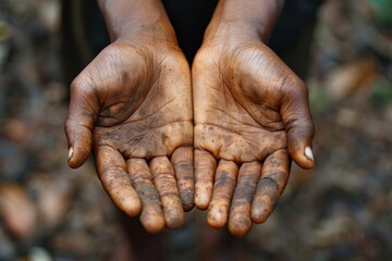 Fototapeta premium A close-up image of two hands cupped together, revealing palms covered with dirt and grime, likely indicating hard work, labor, or interaction with the natural environment
