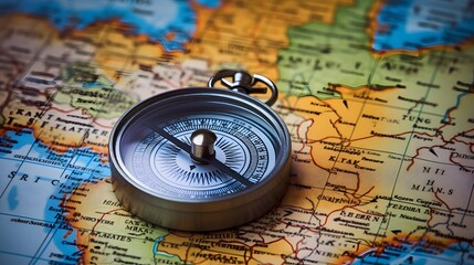 Magnetic compass and location marking with a pin on routes on world map. Adventure, discovery, navigation, communication, logistics, geography