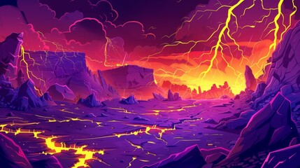 The background of the game is an erupting volcano with yellow lightning and purple flames, in a cartoon style.