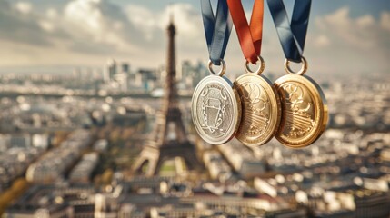 Olympic gold, silver and bronze medals with ribbon against the backdrop of Paris cityscape.