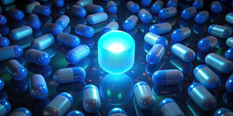 A glowing blue and white pill surrounded by other pills