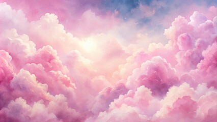 Watercolor pink background with fluffy clouds