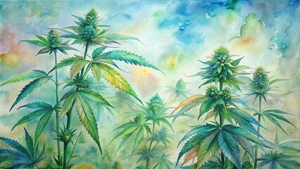 Flowering mature marijuana plants with buds and green leaves in indoor plantation. Organic female cannabis sativa with CBD. Watercolor painting