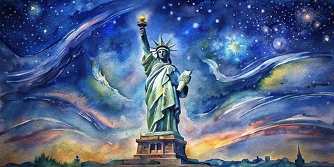 Starry Night inspired watercolor painting of the Statue of Liberty at night in New York City