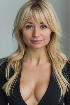 A close-up photograph of a woman with long blonde hair and bangs, wearing a revealing black top, looking directly at the camera with a neutral expression