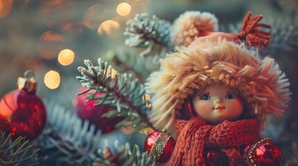 Christmas message and a toy doll with a furry hat on holiday ornament