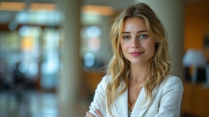 Fototapeta premium A confident young woman with blonde hair and a bright smile standing in a modern, well-lit office environment with a professional demeanor