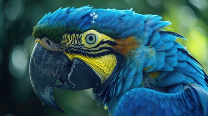 Colorful blue macaw parrot in close up