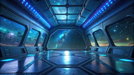 Futuristic space station interior with sleek technology and endless stars visible through the window, floating in the Milky Way, glowing