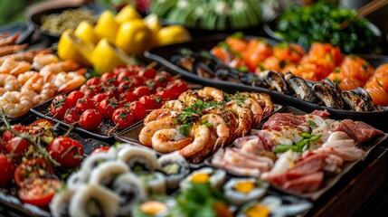 Fototapeta premium A diverse and vibrant assortment of seafood, sushi, and fresh vegetables displayed on a large platter, featuring an array of colorful ingredients at a gourmet food event