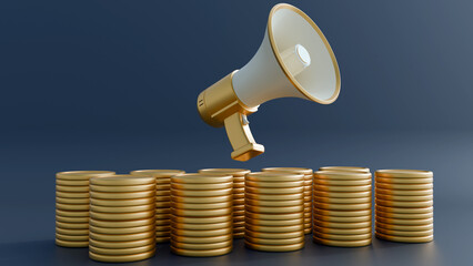 3d rendering of a megaphone and gold coins isolated on the dark background