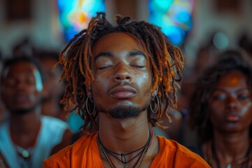 Obraz premium African american man praise God in church.