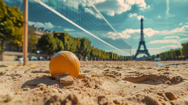 Beach volleyball ball on the sand, Summer Olympic Games in Paris.
