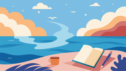The rise and fall of the ocean waves provide the perfect backdrop for a seaside journaling session the sea breeze carrying the writers thoughts away.. Vector illustration