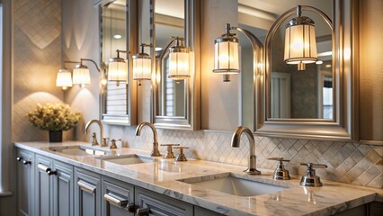 Close-up of mirror bathroom vanity lights reflecting on a clean surface