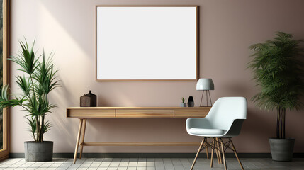 Workspace with empty poster frame on wall