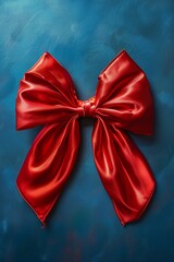 A stunning photograph of a vibrant and large red bow with silky texture meticulously tied against a contrasting deep blue textured background highlighting its elegant folds