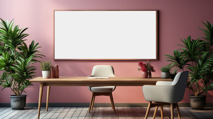 Workspace with empty poster frame on wall