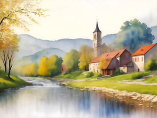 Fototapeta premium Banja Luka Bosnia and Herzegovina Country Landscape Watercolor Illustration Art 