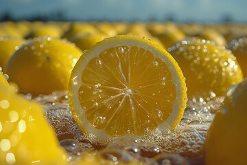 A vibrant close-up of a fresh lemon slice surrounded by whole lemons covered in sparkling water droplets showcasing their juicy freshness