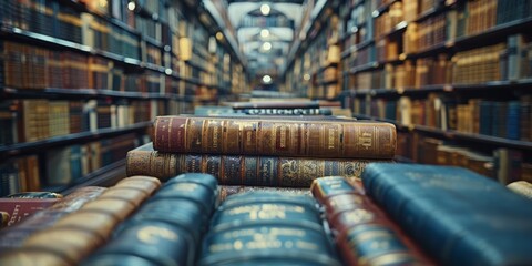 A vast and captivating library filled with rows of bookshelves stocked with an extensive collection of vintage books showcasing timeless literary works