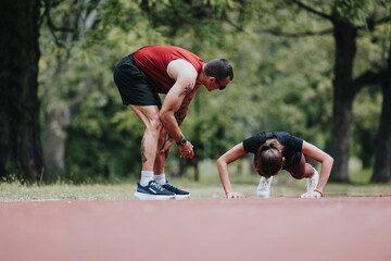 A focused man and woman engage in push-ups in a lush park, demonstrating teamwork and commitment to fitness.