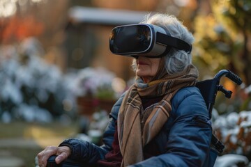 Old woman in a wheelchair wearing virtual reality glasses.