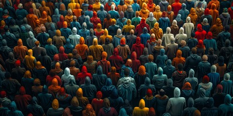 Obraz premium A vibrant crowd of individuals wearing colorful hooded jackets and clothes in various shades, observing an event, gathered closely together in an outdoor setting