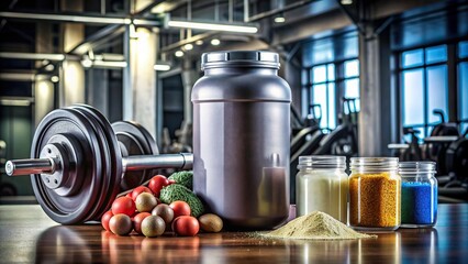 Sport nutrition supplements on gym background