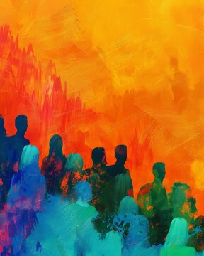 Abstract painting of silhouettes against vibrant orange and blue background, representing unity and diversity in colorful hues.