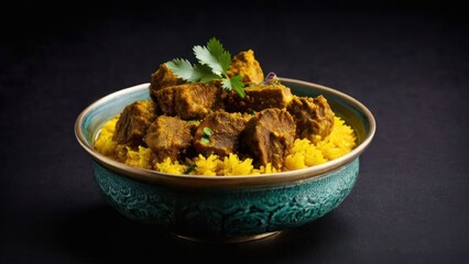 Elegant Ornate Bowl of Vibrant Yellow Rice with Meat and Spices, Accented with Fresh Herbs and a Sprig Garnish - Powered by Adobe