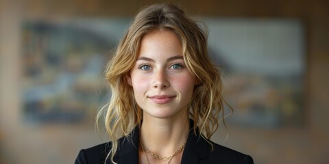 Obraz premium A young woman with blonde hair, smiling softly and dressed in a black blazer, stands in an indoor setting with a blurred background, giving a calm and confident appearance