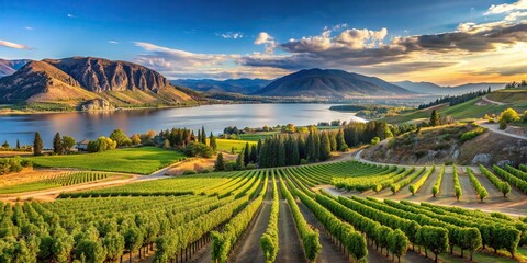 Scenic vineyard in the Okanagan Valley with wine grapes, fields, mountains, and desert in British Columbia, Canada